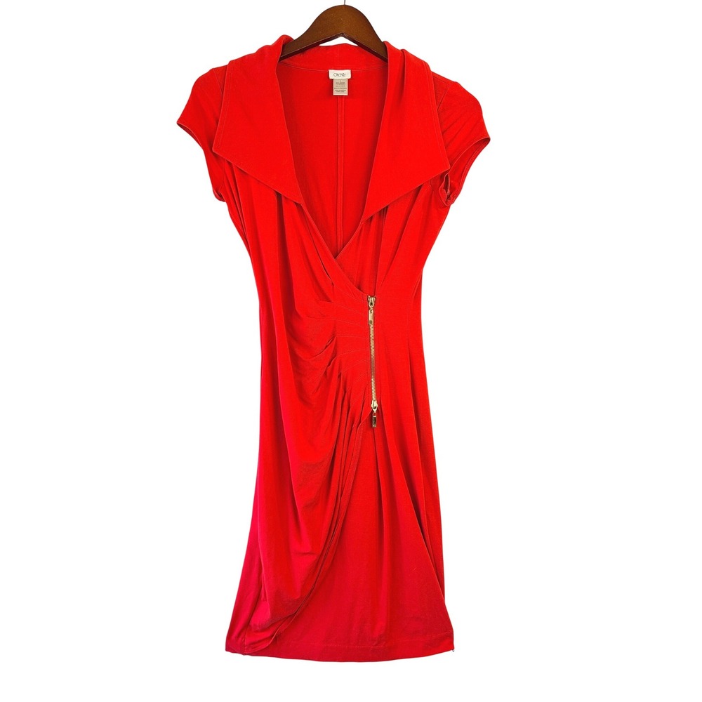 Vtg CACHE Cherry Red Ruched Zipper Draped Bodycon Dress Womens S Cap Sleeve Y2K